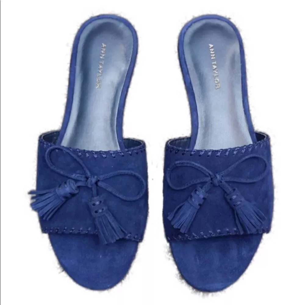 Ann Taylor Tassel Bow Blue Sueded Mules/ Flats